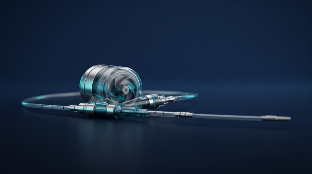 Sleek intravascular catheter heart pump resting on deep navy blue background