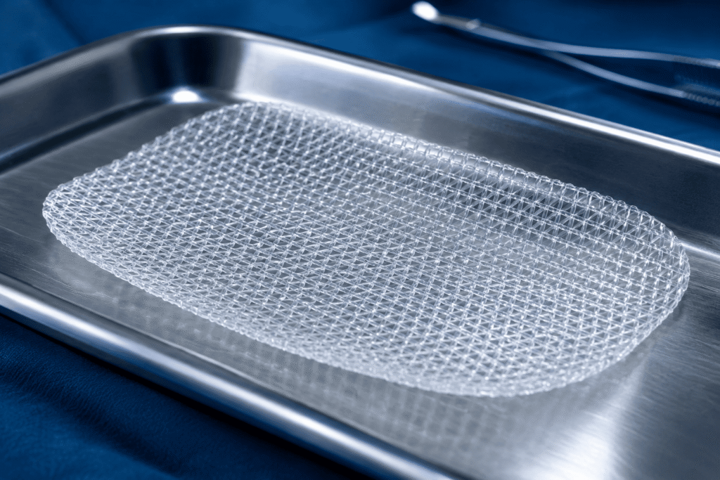 High-resolution medical illustration showing the woven grid texture of a synthetic polypropylene hernia mesh implant
