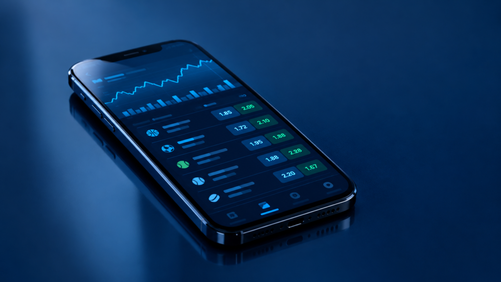 Sleek dark smartphone displaying subtle sports betting data on a deep navy blue background